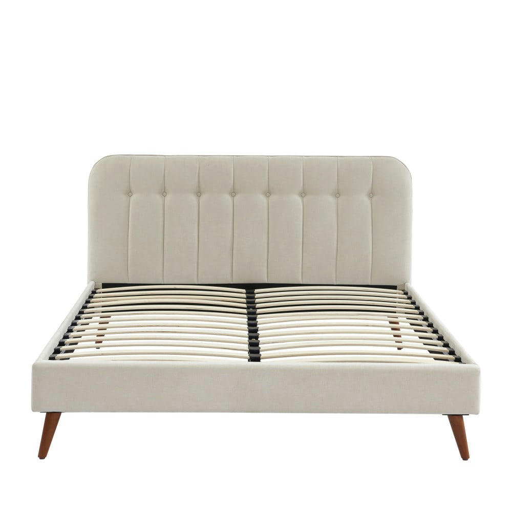 TORGO - Lit matelassé en velours piètement bois foncé 160x200cm beige