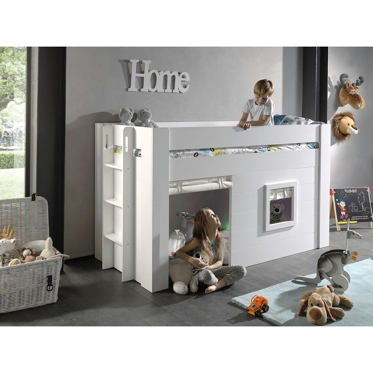 ELSA - Lit  surélevé cabane 90x200cm blanc avec rideaux