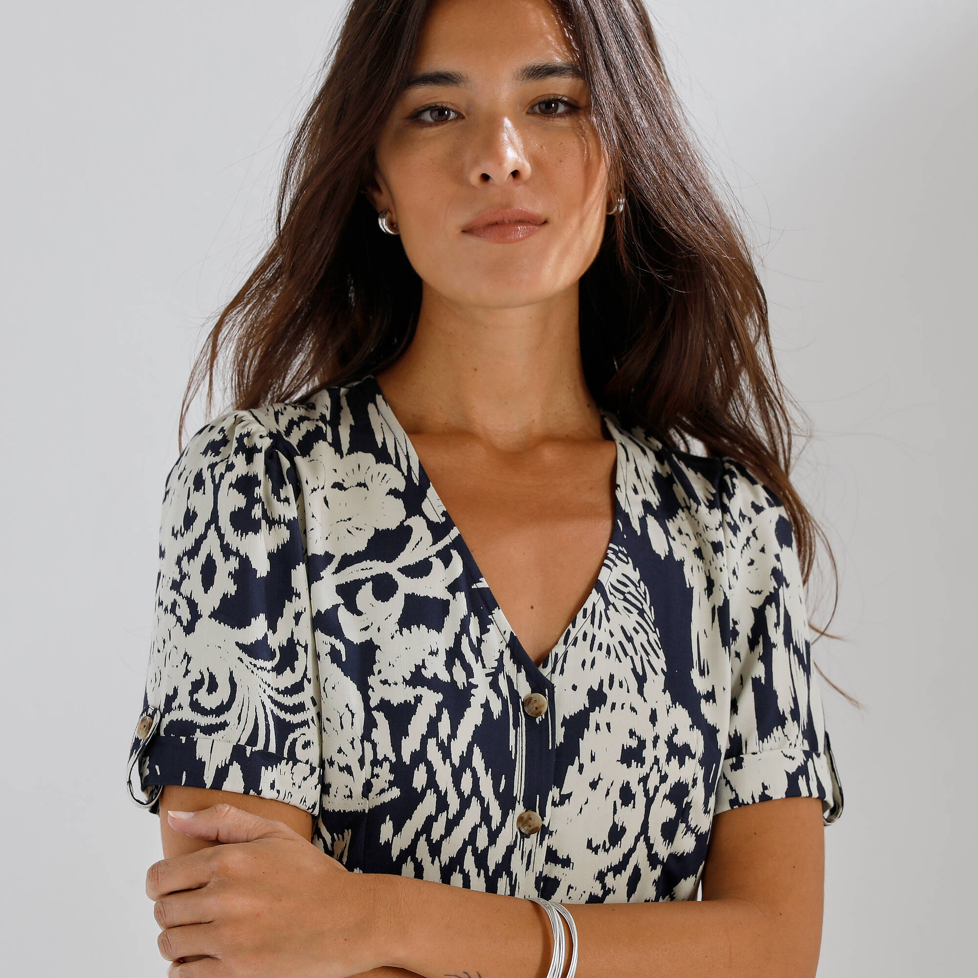 Robe boutonnée imprimée, manches courtes