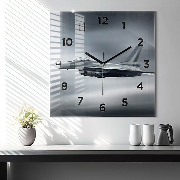 Horloge murale Wallfluent 60x60 cm Avec chiffres Aiguilles noires Avion militaire 1 pcs