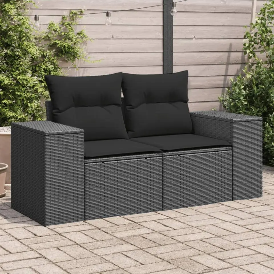 vidaXL - Tuinbank 2-zits - Zwart - Poly rattan - Met kussens