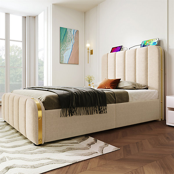 Lit rembourré hydraulique 90x200cm, lit avec rangement, tête de lit avec fonction de recharge USB Type-C, lin, beige, sans matelas