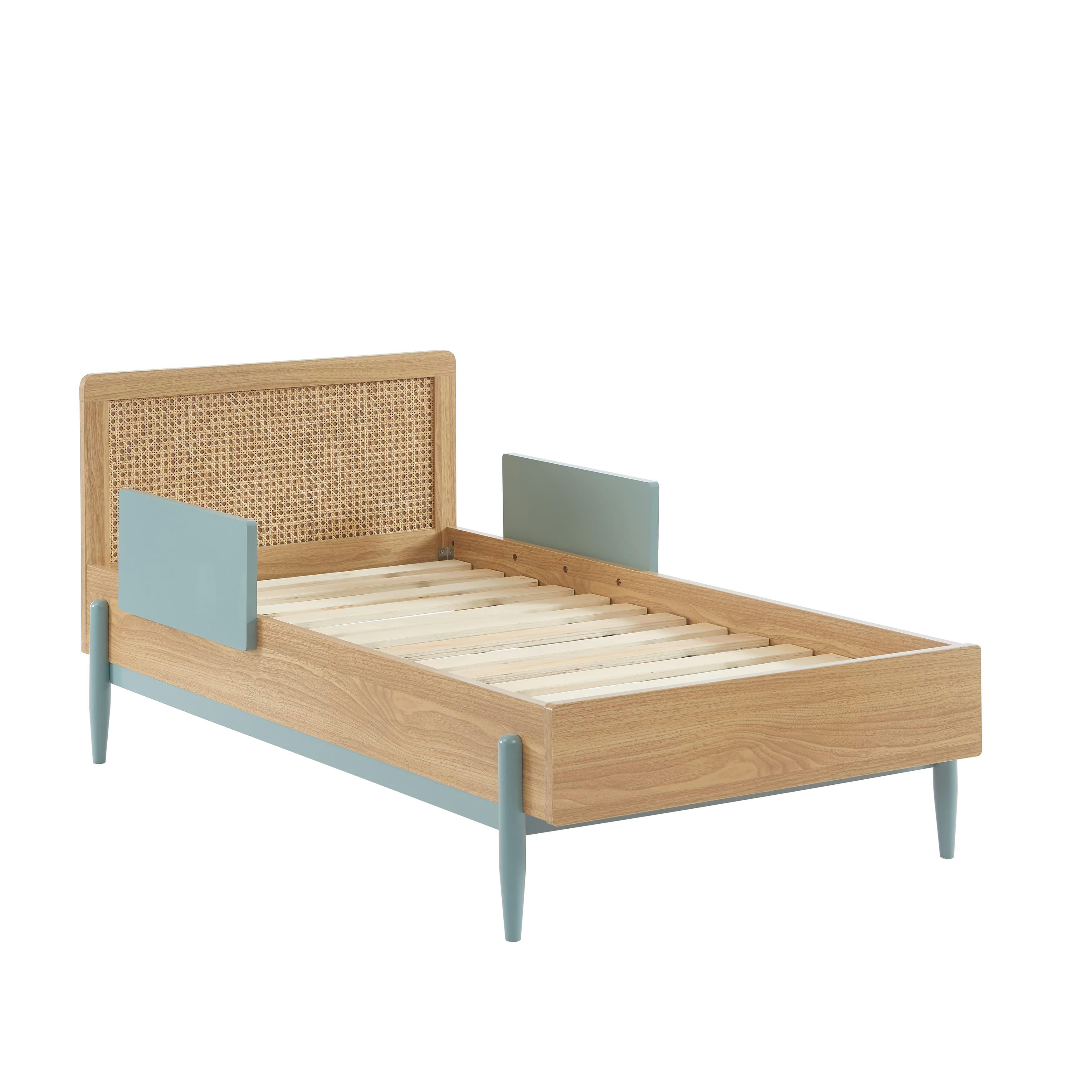 PABLO - Lit enfant  bleu et cannage rotin 70x140 sommier inclus