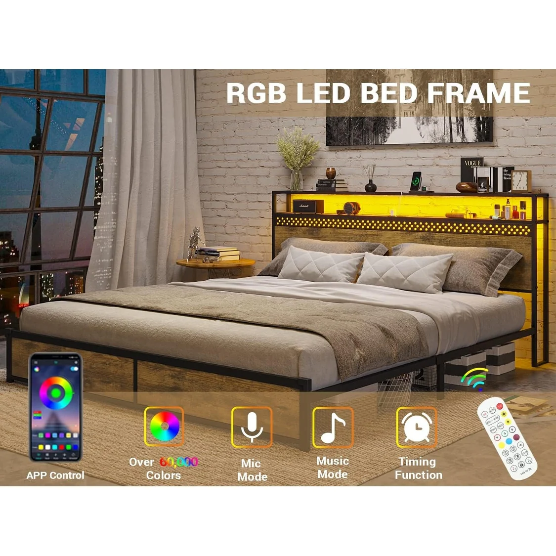 LED King Bed Frame with USB Ports & Outlets Storage Headboard