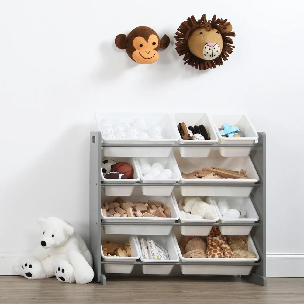 Tot Tutors Kids Toy Storage Organizer w/ 12 Plastic Bins, Grey/White