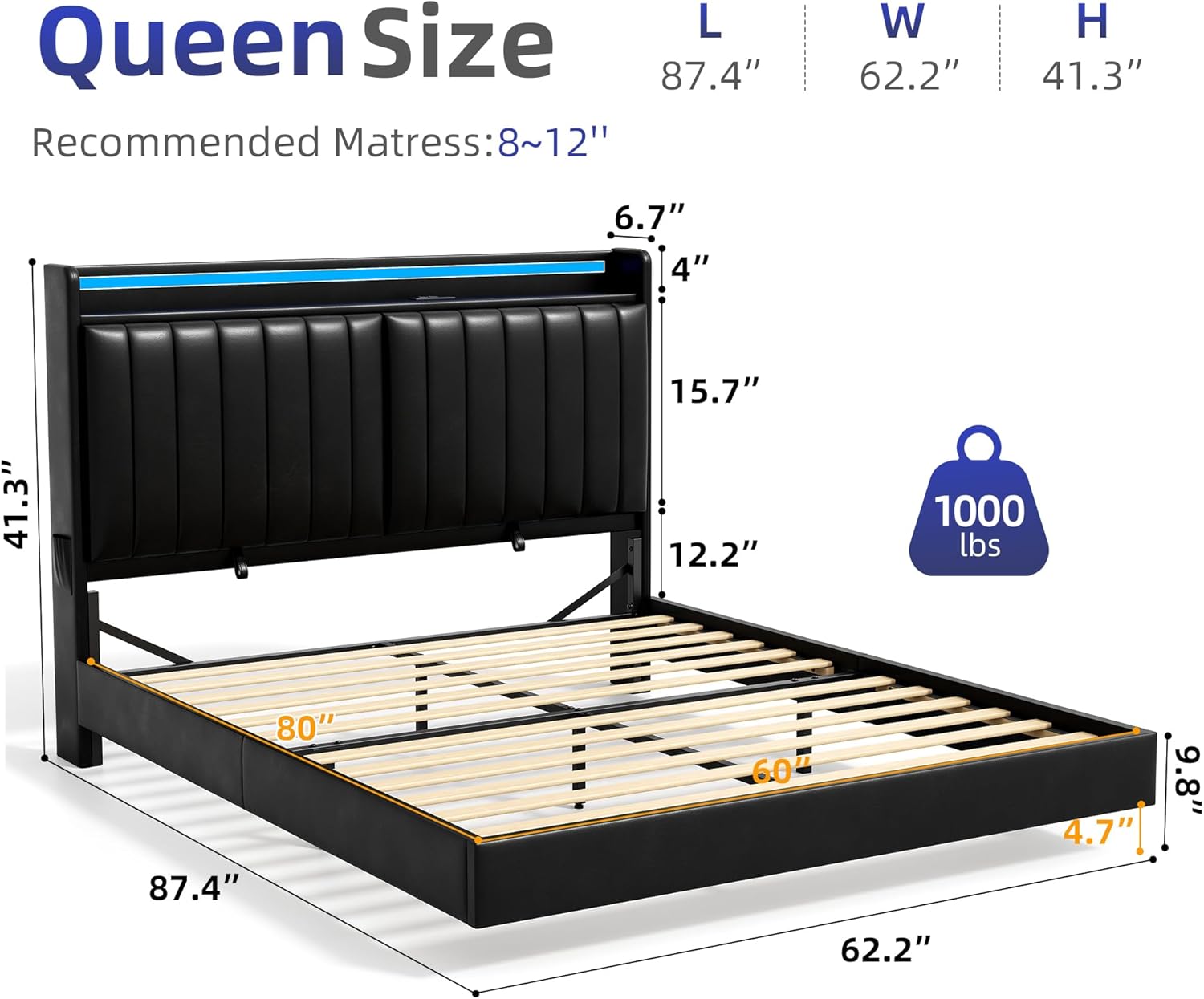 Queen Size Floating Bed Frame with Ergonomic Hidden Storage Headboard and LED Lights, Visual Floating LED Bed Frame with Charing Station, Leather Upholstered Platform Bed, Heavy Duty, Black