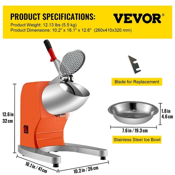 VEVOR Electric Ice Shaver Crusher 300W 1450 RPM Snow Cone Maker Machine with Dual Stainless Steel Blades - 16.1x10.2x12.6 in