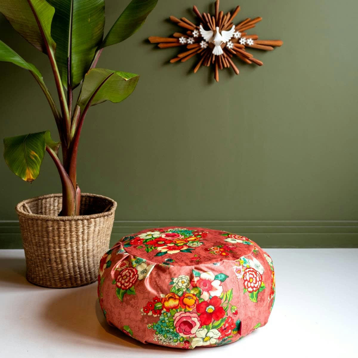 - Grand pouf rond en velours imprimé fleuri rose h. 25cm