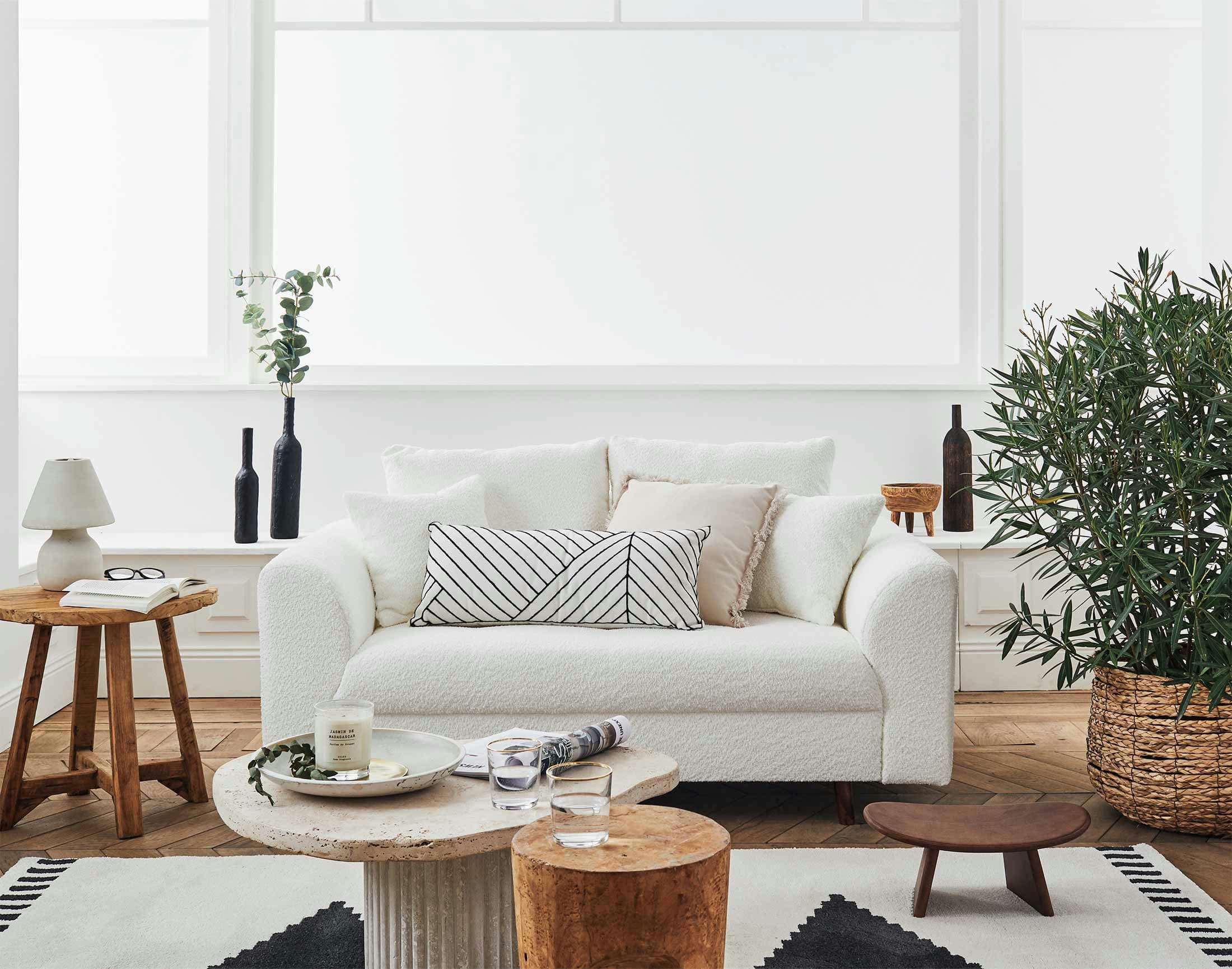 RUNE - Canapé droit 2 places en tissu bouclette blanc