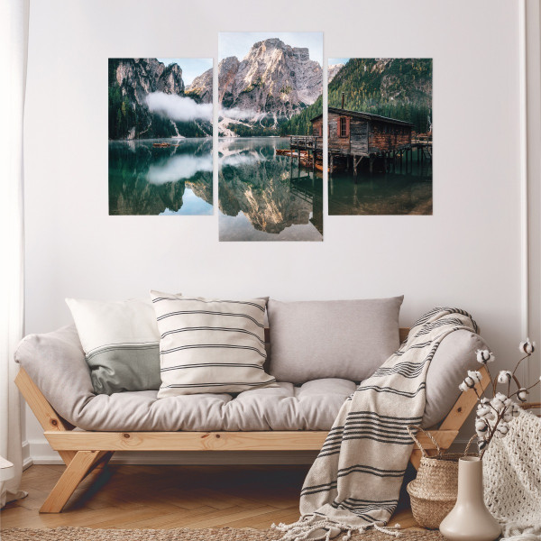 Obraz TRYPTYK Jezioro Góry Chatka Las 3D 60x40cm