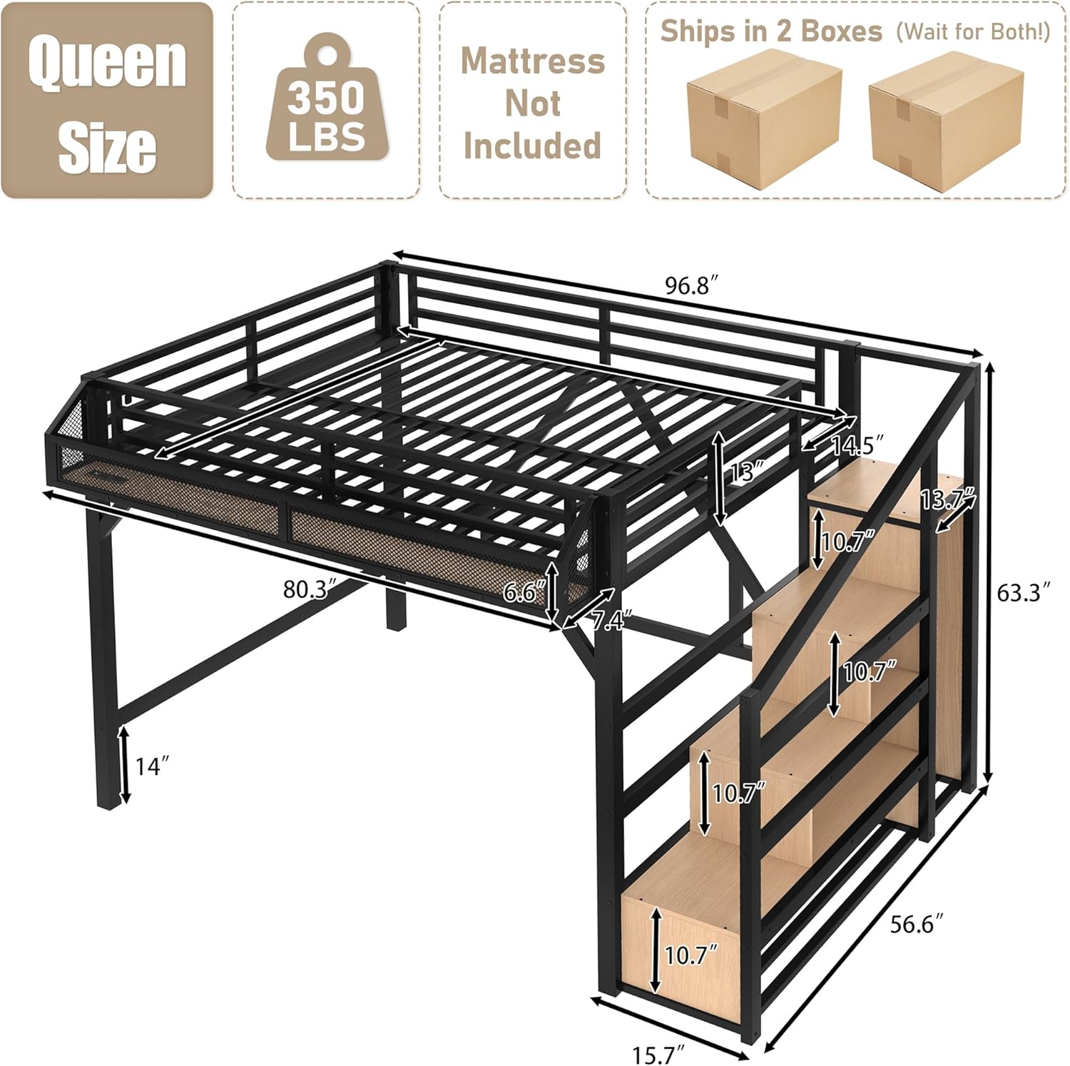 Bellemave Queen Loft Bed Frame with Storage Stairs, Beside Shelf & Wardrobe, Metal Queen Size Loft Bed with USB Ports&LED Light, Large Under-Bed Space Loft Beds for Adults,Teens, Kids, Black Natural