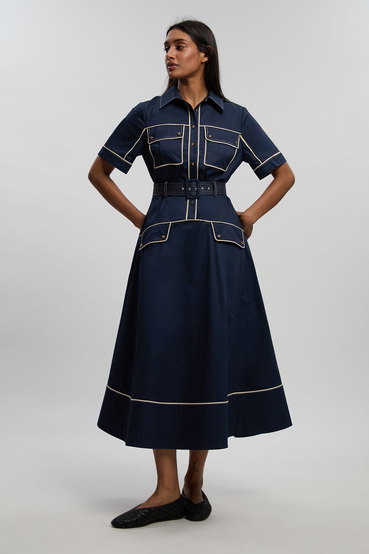 KarenMillen Cotton Sateen Button Detail Woven Midi Shirt Dress With Contrast Piping