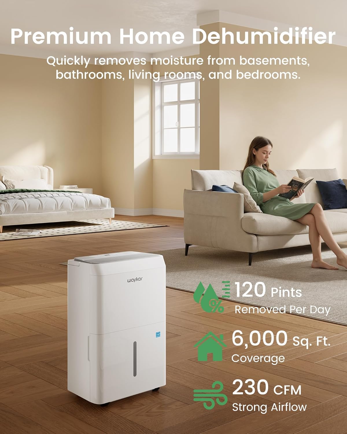 Waykar 6,000 Sq. Ft. Energy Star 120 Pint Dehumidifier - Auto Comfort Mode, Ultra Quiet(40 dB), Portable Smart Compressor Dehumidifier for Basement/Home/Bedroom/Bathroom with Drain Hose