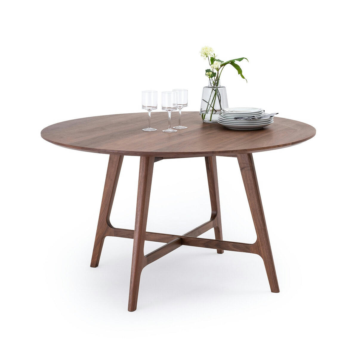 Table à manger ronde 4 à 6 couverts noyer, Larsen