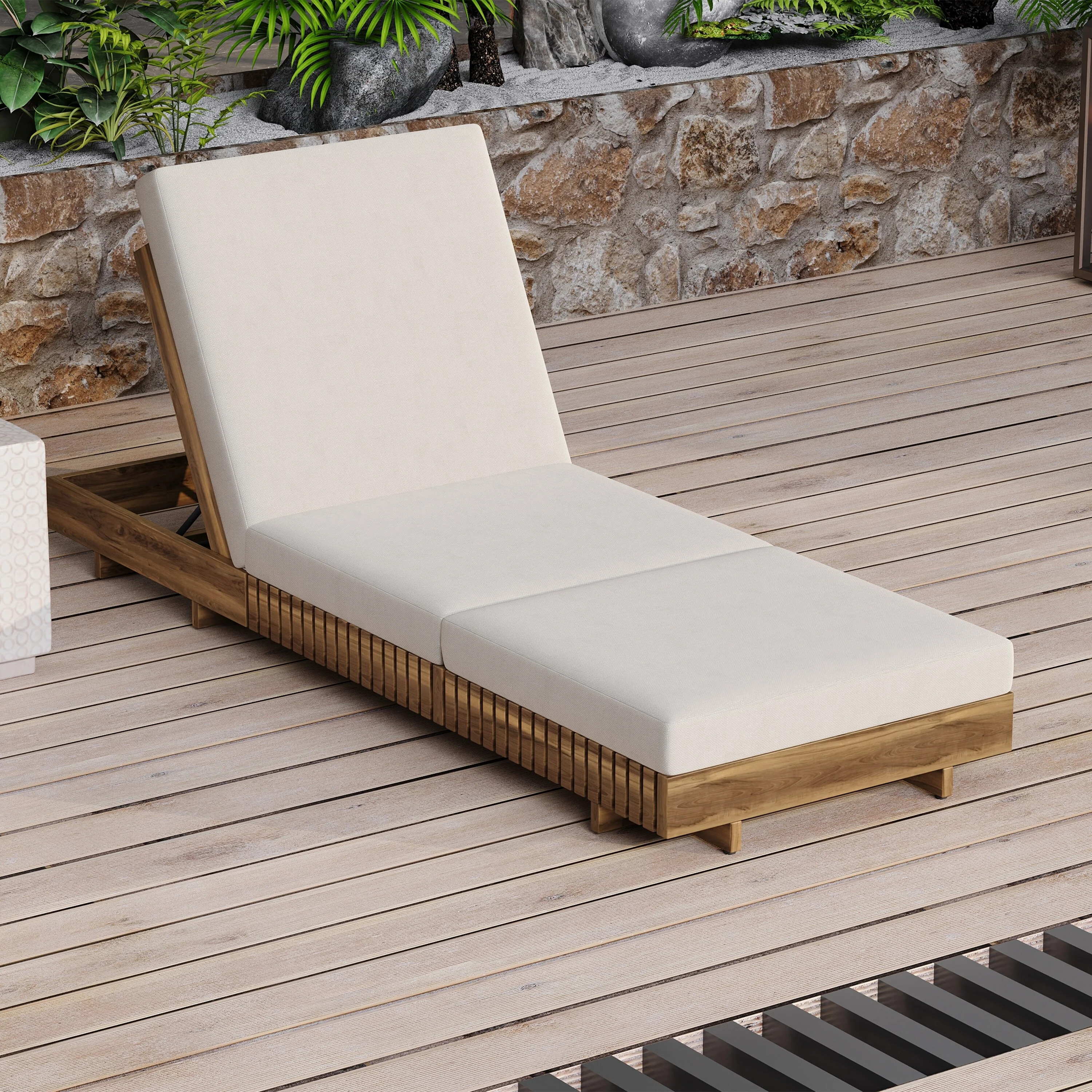Roomfitters Outdoor Chaise Lounge with 6-Position Backrest, Acacia Solid Wood Recliner for Patio, Teak