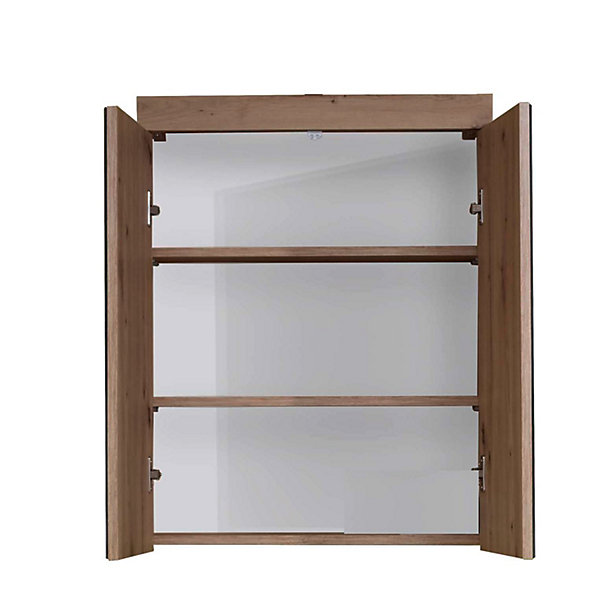 AMANDA - Armoire de toilette murale - 2 portes miroir - Mélaminé Blanc/Chêne. L - H - P : 60 - 77 - 17 cm