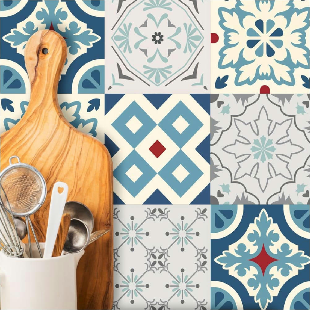 - 6 stickers carreaux de ciment bleu 15x15cm