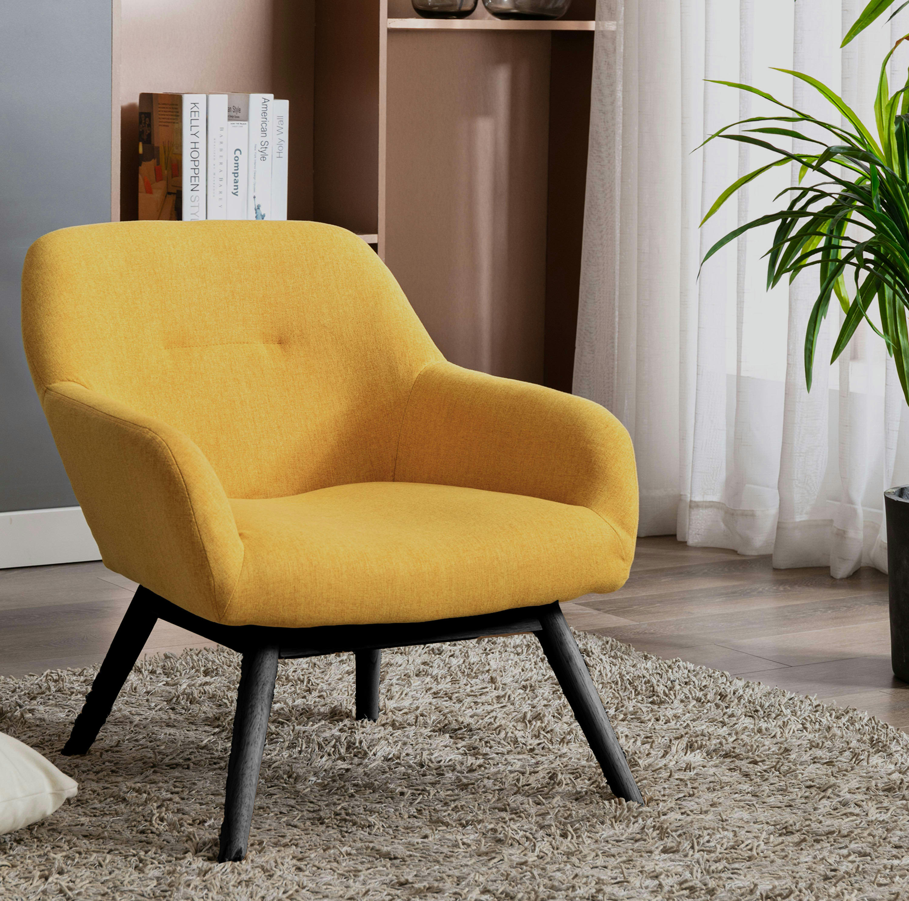 MALMO - Fauteuil lounge en tissu tramé Safran et pieds hévéa teinté noir