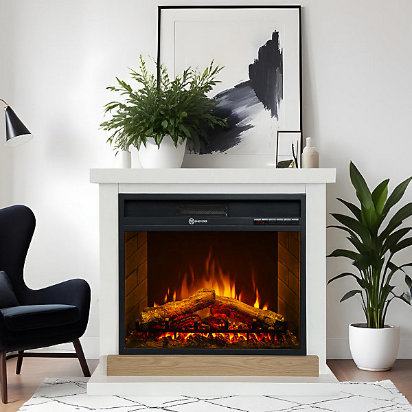 Cheminée électrique Stockholm, cheminée sur pied, bois blanc, L75xP28xH70 cm