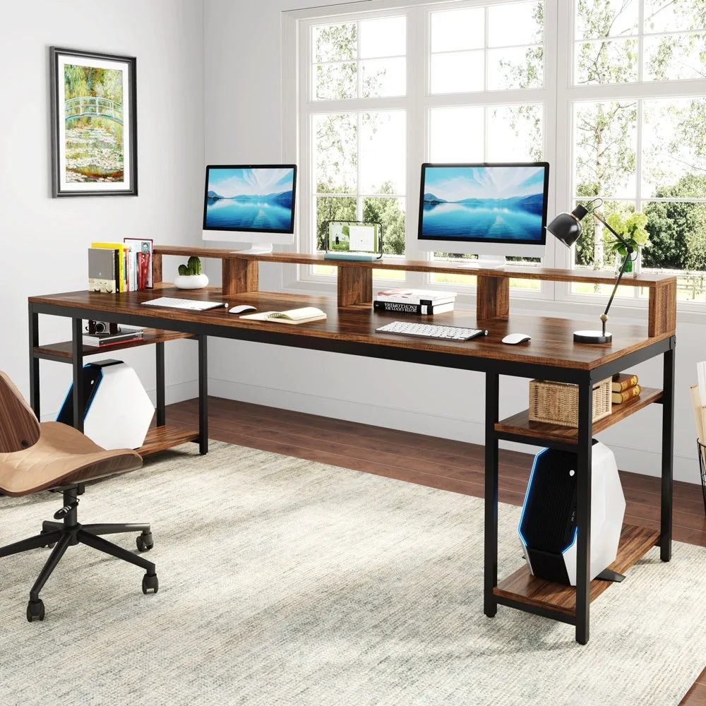 Two Person Desk Long Computer Desk with Monitor Stand and Storage Shelves