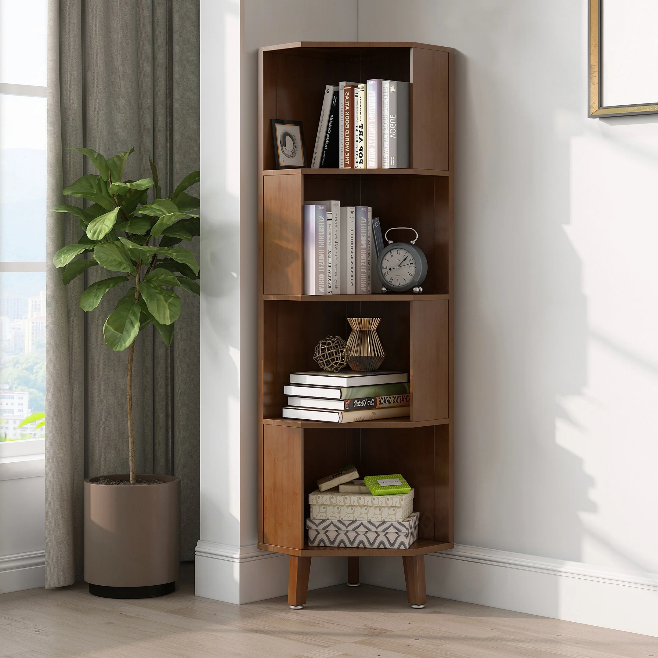Tall Corner Bookcase, Corner Shelf , Multifunctional Bookshelf