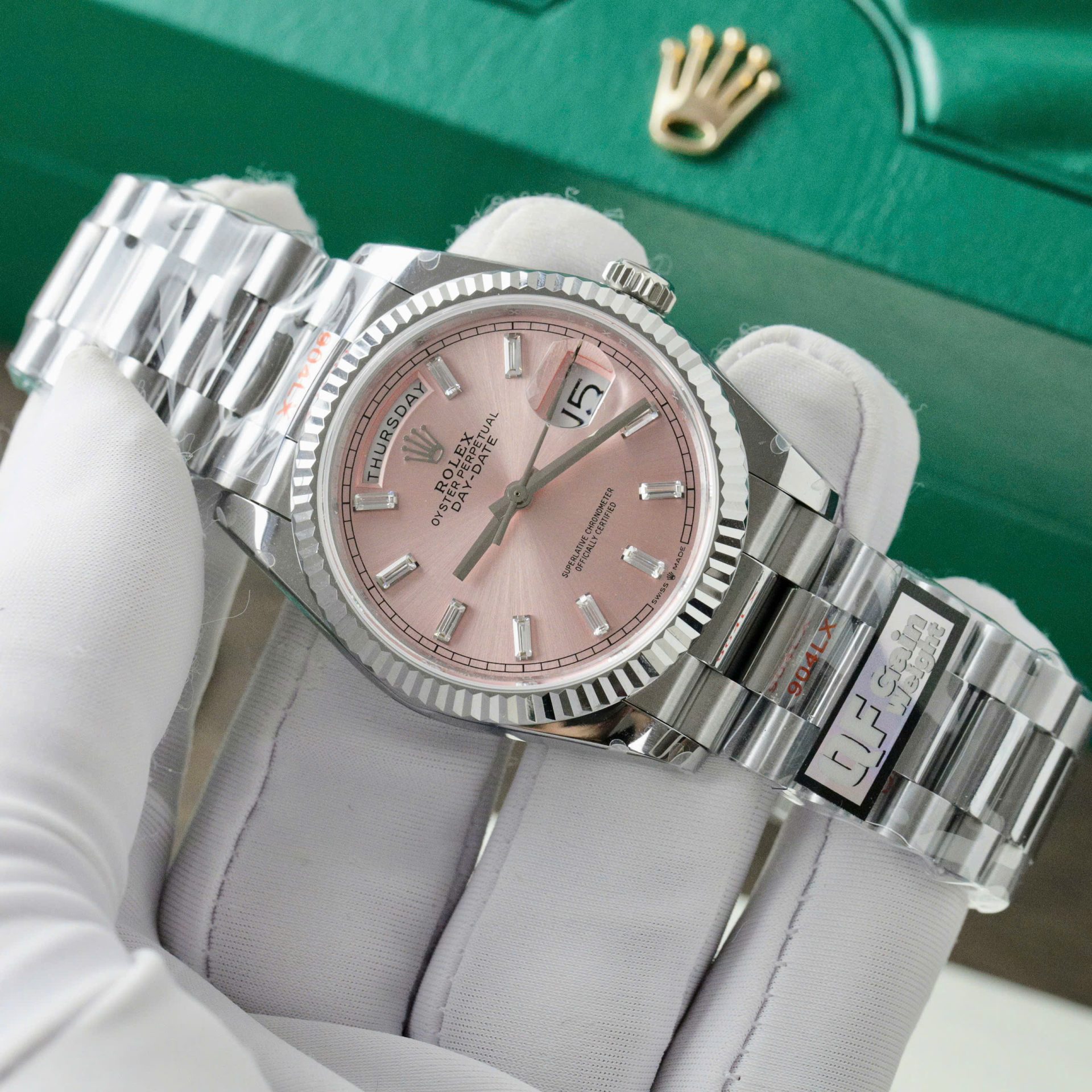 Rolex Day-Date 128236 904L Steel Pink Dial CZ Diamonds 36mm Super Clone