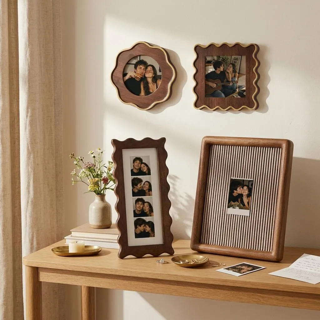 Vintage Wooden Picture Frame Set, Scalloped Wavy Frames for Photo Strip & Polaroid Photo, Couples Memory Display, 4×4 8×10 New Home Gift