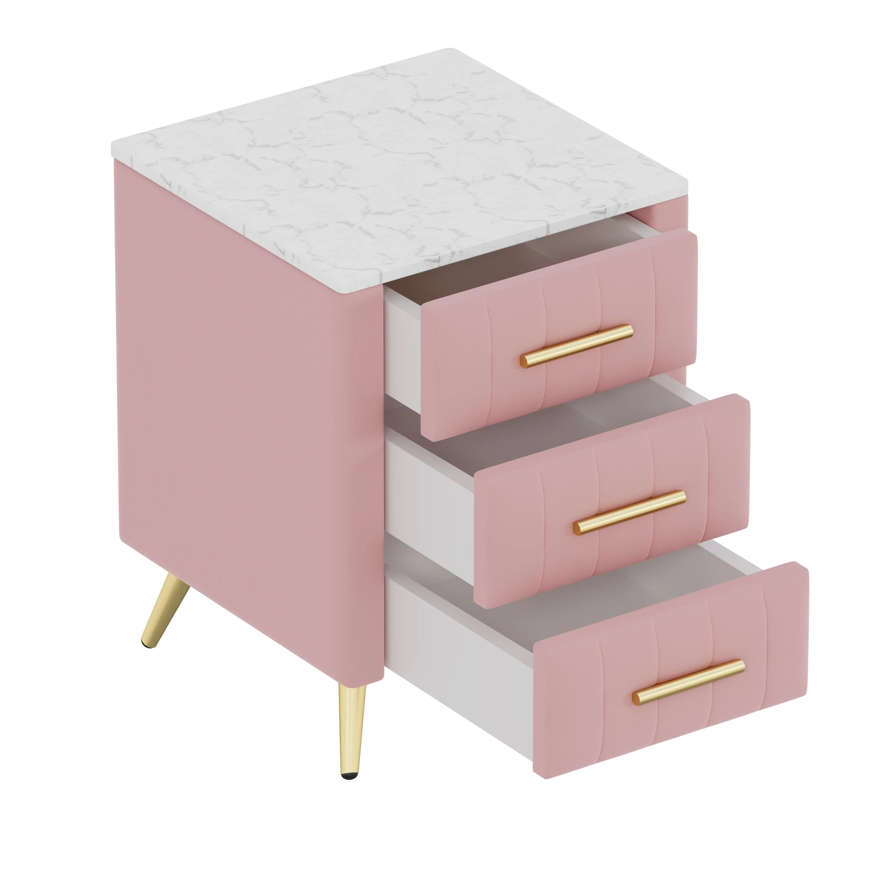 Upholstered Wooden Nightstand With 3 Drawers And Metal Legs&Handles, Bedside Table With Marbling Stickers Worktop