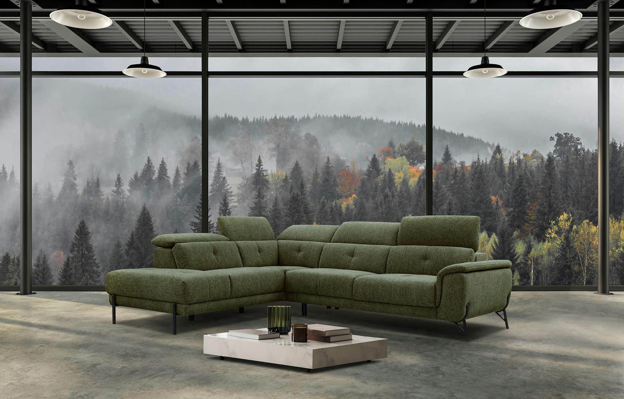 AVENA - Canapé d'angle gauche  5 places en tissu vert