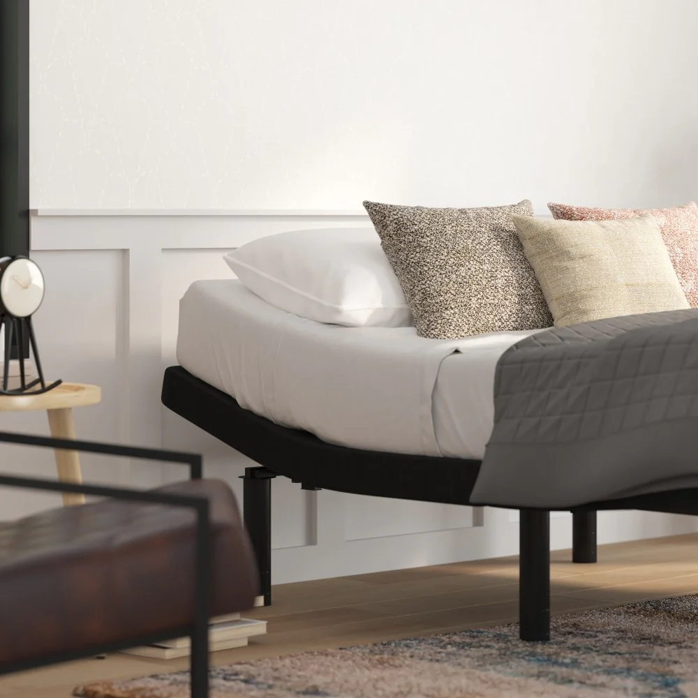 Upholstered Adjustable Bed Base with Wireless Remote in Black