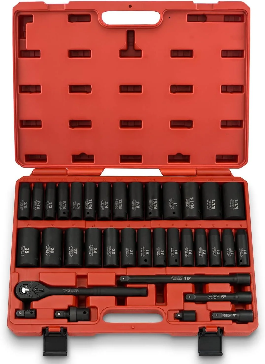 02448A 1/2 Drive Master Impact Socket Set, 65 Piece, Standard SAE (3/8-1-1/4) & Metric (10-24 mm) Sizes, Deep & Shallow Kit, Includes Adapters & Ratchet Handle