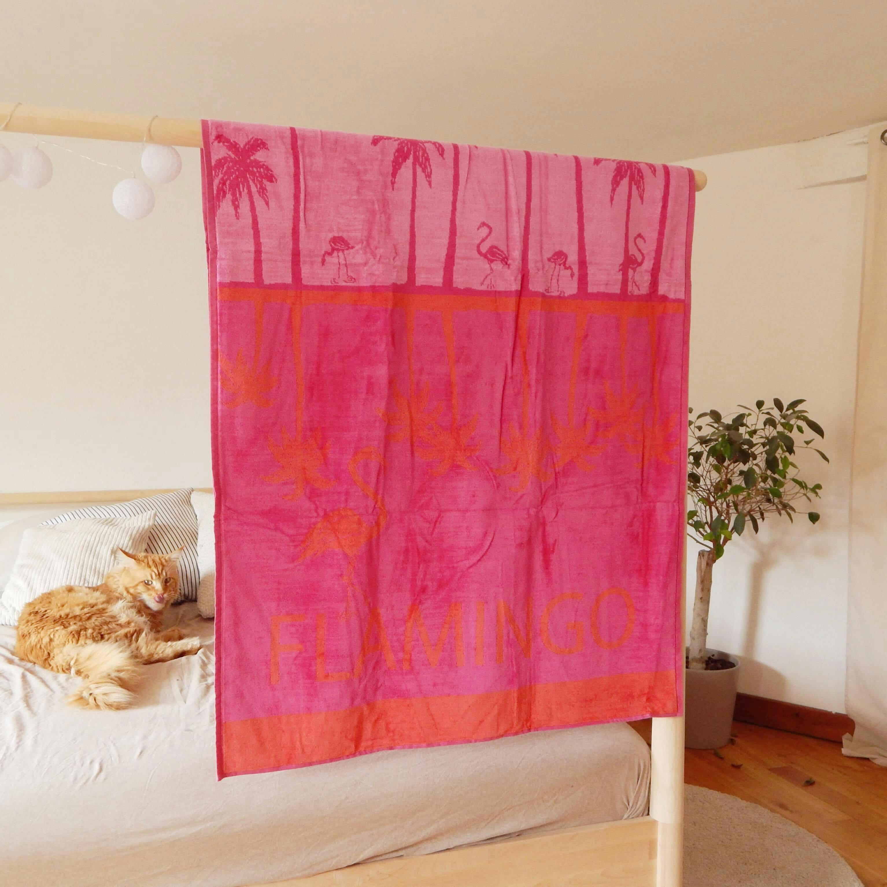 PLAGE - Serviette de plage éponge velours rose flamingo 86 x 160