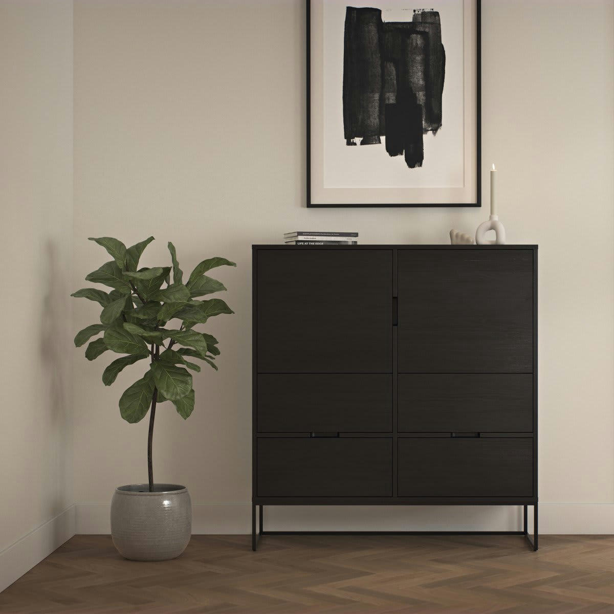 LOGO - Buffet haut 4 tiroirs et 2 portes en bois noir