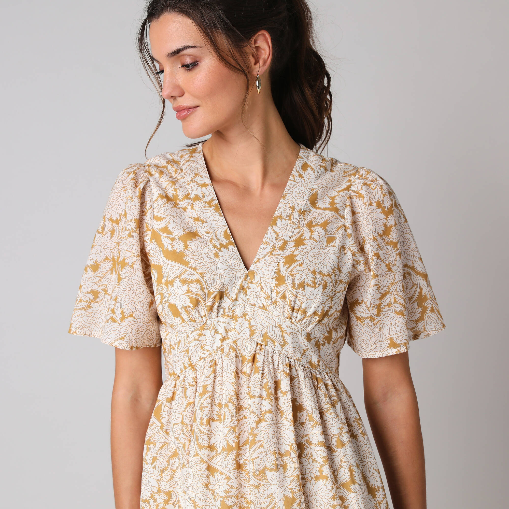 Robe courte en coton col V, imprimé bohème