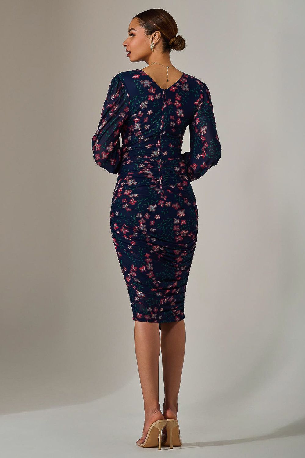 Jolie Moi Mesh Long Sleeve Ruched Bodycon Dress