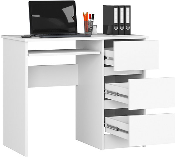 Bureau d'ordinateur AKORD droit A6 Blanc 90 cm 3 tiroirs façade Blanche 1 étagère 90x50x77 cm