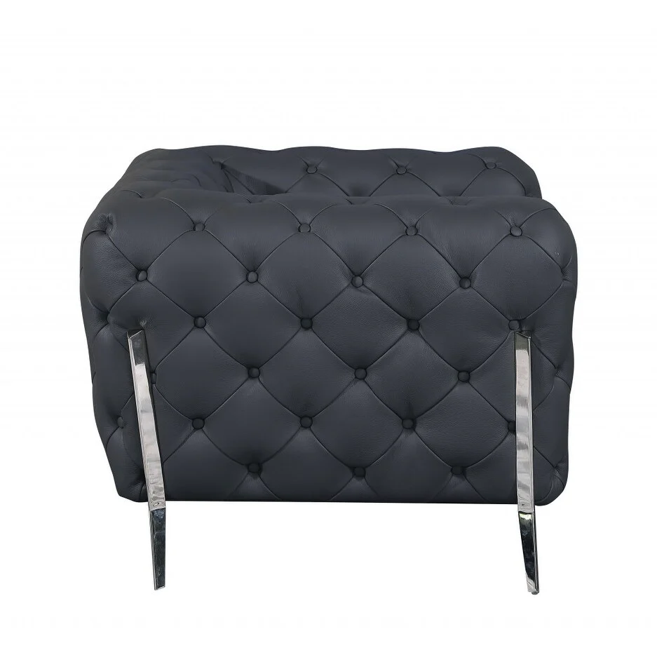 93 Dark Gray Genuine Button Tufted Leather Standard Sofa