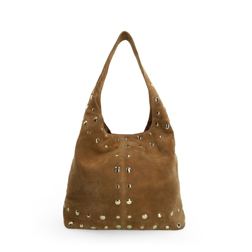Manfield Taupe suède schoudertas met gouden studs