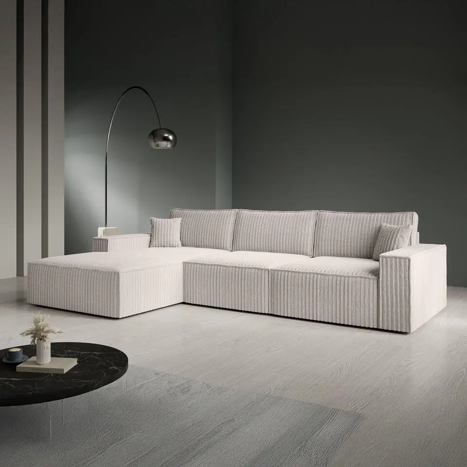 Meubella - Manolo - Hoekbank 3-zits met chaise longue - Ribstof beige - Links