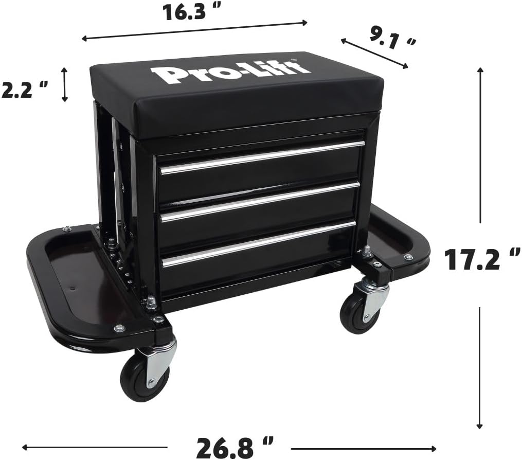 Pro-Lift Mechanic Roller Seat with Tool Box - 3-Drawer Rolling Tool Chest Stool with Padded Seat Cushion for Garage Creeper – 400 Lbs Capacity