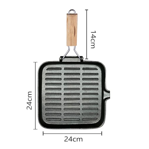 SOGA Cast Iron Ribbed Square Steak Grill Pan Wooden Handle 24cm