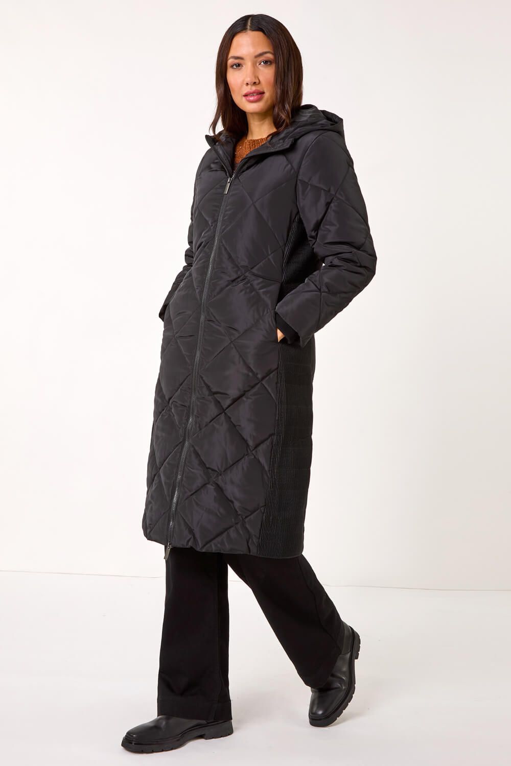 Roman Longline Diamond Quilt Hooded Coat