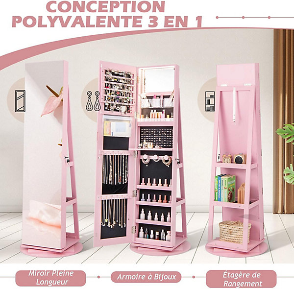 Armoire à Bijoux Avec Miroir Pleine Longueur,Avec Lumière LED 3 Couleurs,Miroir de Maquillage,étagère de Rangement à 2 Niveaux