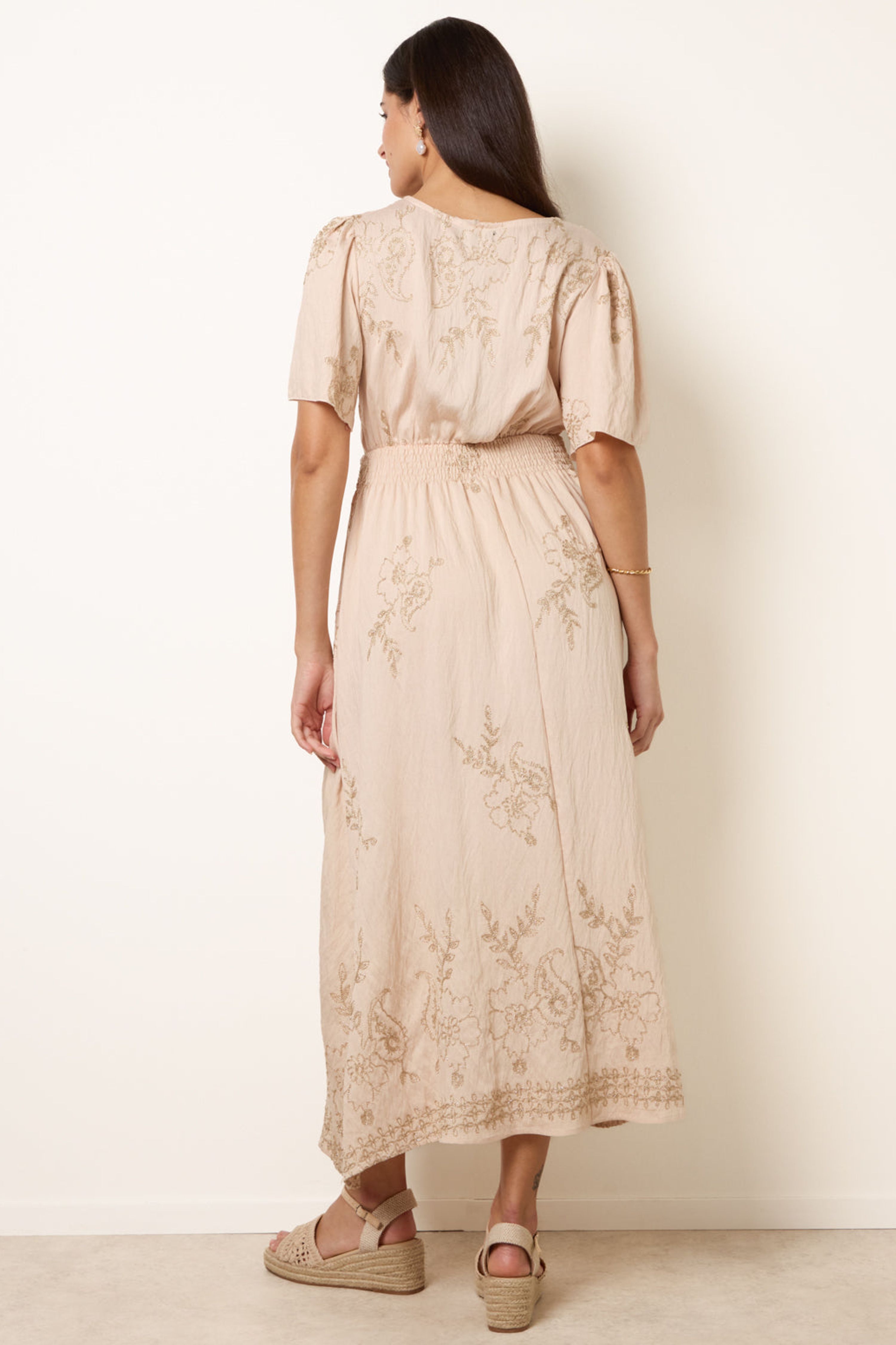 Blue Vanilla Stone Wrap Front Metallic Embroidery Floral Dress