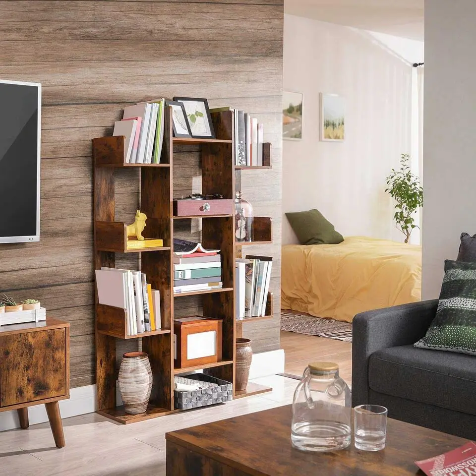 Boekenkast in de vorm van een boom: 13 Planken, 86x25x140cm, Rustiek Bruin