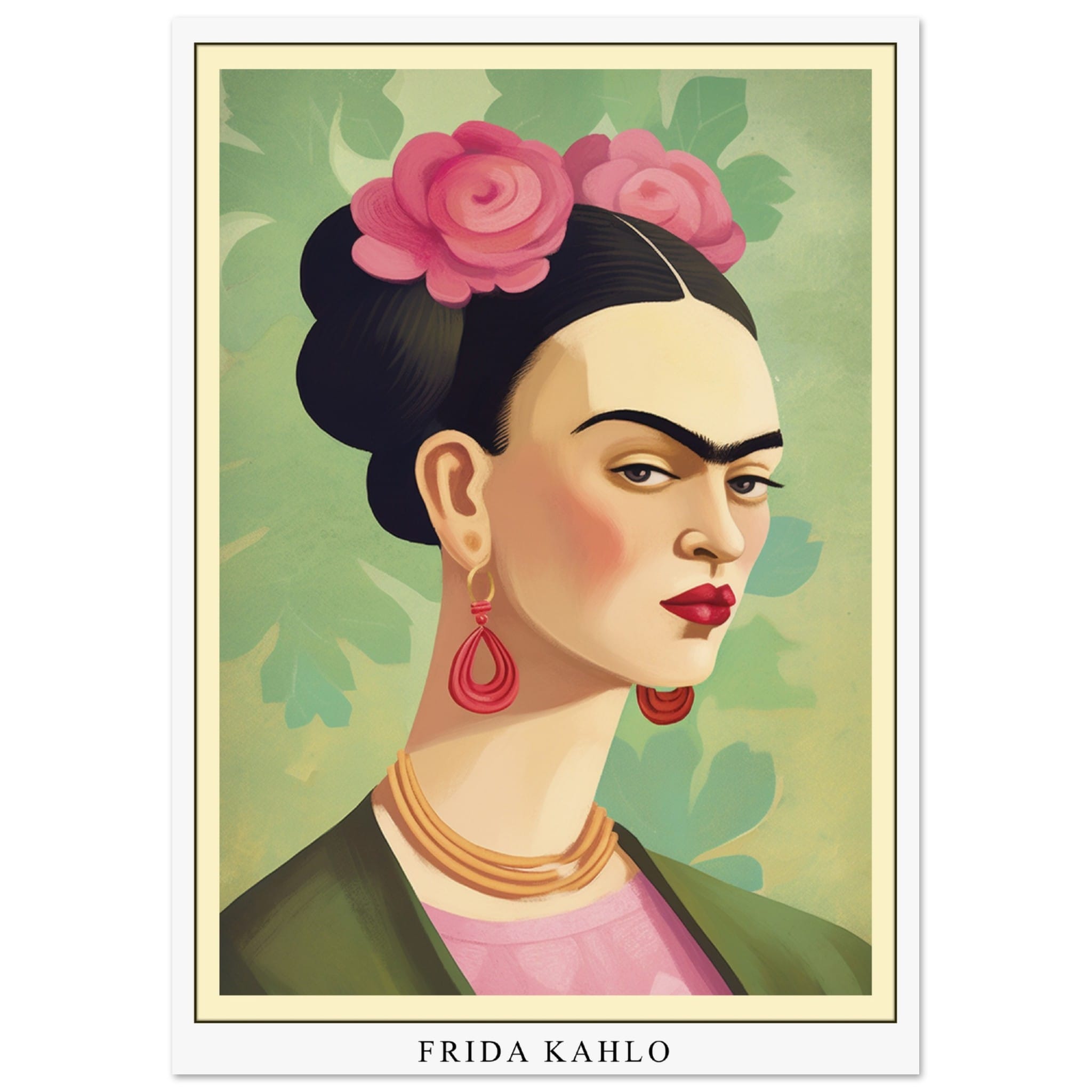 Artfulprints Poster Frida Kahlo - Floral icon portrait  - A4 21x29.7 cm - Groen