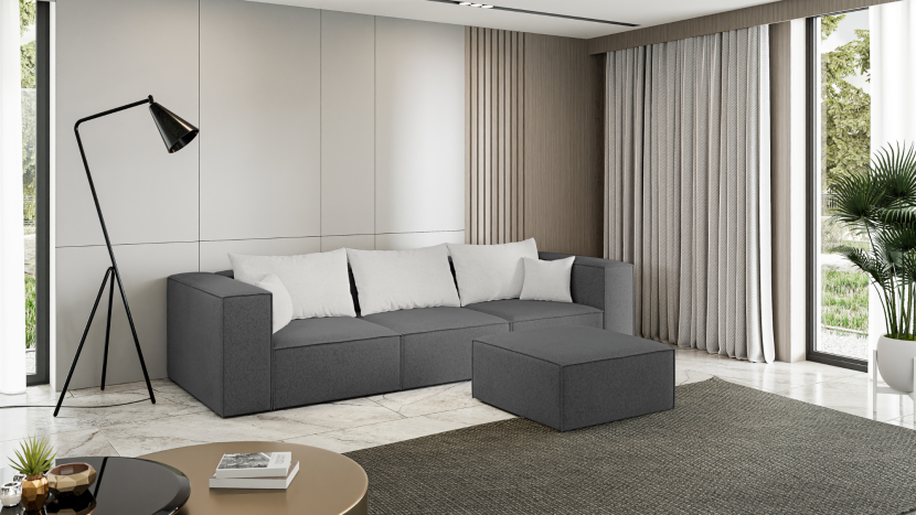 Wygodna sofa 3 osobowa z pufą POPPY szara narożnik modułowy do salonu