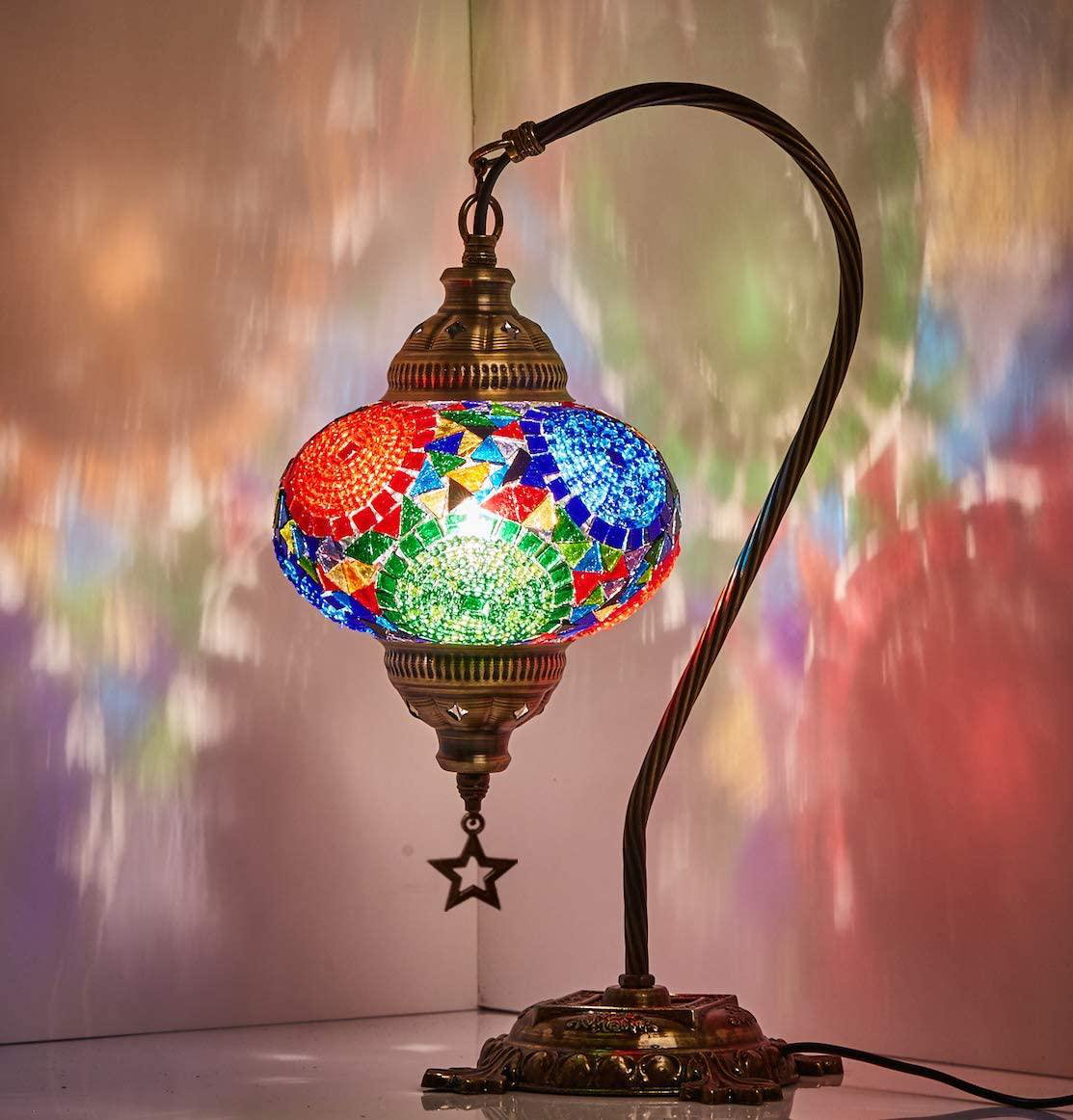 Turkish Moroccan Mosaic Table Lamp With US Plug & Socket, Swan Neck Handmade Desk Bedside Table Night Lamp Decorative Tiffany Lamp Light, Antique