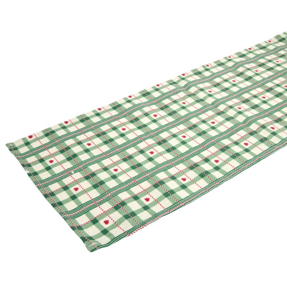 Chemin de table imprimé tartan et coeur L300X28 cm vert rouge et blanc