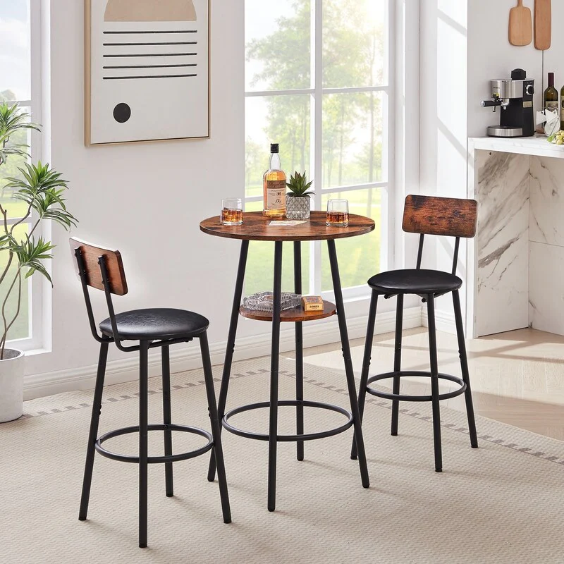 Rustic Brown Round Bar Stool Set with Shelf, Upholstered Stool